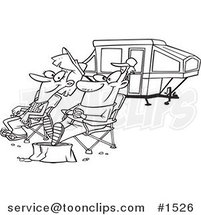 Cartoon Black and White Outline Design of a Couple Relaxing at a Campsite near Their Tent Trailer by Toonaday