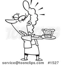 Cartoon Black and White Outline Design of a Tempted Lady Holding a Slice of Cake on a Plate by Toonaday