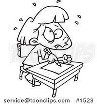 Cartoon Black and White Outline Design of a Stressed School Girl Taking a Test by Toonaday