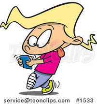 Cartoon Little Girl Walking and Texting on a Cell Phone by Toonaday