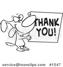 Cartoon Black and White Outline Design of a Grateful Dog Holding a Thank You Sign by Toonaday