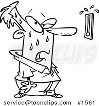 Cartoon Black and White Outline Design of a Guy Sweating and Staring at a Hot Thermometer by Toonaday