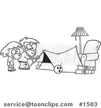Cartoon Black and White Outline Design of Kids Setting up a Camping Tent in a Living Room by Toonaday