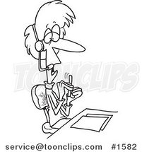 Cartoon Black and White Outline Design of a Lady Telemarketer Filing Her Nails at Her Desk by Toonaday