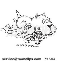 Cartoon Black and White Outline Design of a Terrier Dog Stealing Slippers by Toonaday