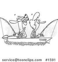Cartoon Black and White Outline Design of a Couple Fishing Together in a Boat by Toonaday