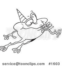 Cartoon Black and White Outline Design of a Leaping Party Frog by Toonaday