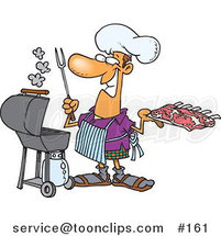 Cartoon Guy Preparing to Barbeque Ribs on a Gas Grill by Toonaday