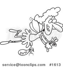 Cartoon Black and White Outline Design of a Tooth Fairy Flying with a Bag of Teeth and Counting Her Cash by Toonaday