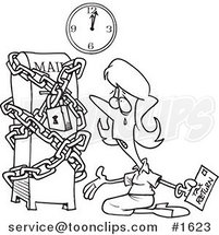 Cartoon Black and White Outline Design of a Lady Kneeling and Crying with Her Tax Return at a Locked up Mail Box by Toonaday
