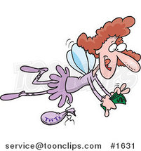 Cartoon Brunette Tooth Fairy Flying with a Bag of Teeth and Counting Her Cash by Toonaday