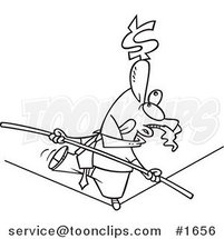 Cartoon Black and White Outline Design of a Business Man Trying to Maintain Balanced Budget on a Tight Rope by Toonaday