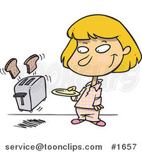 Cartoon Girl Holding a Plate for Her Toast Popping out of a Toaster by Toonaday