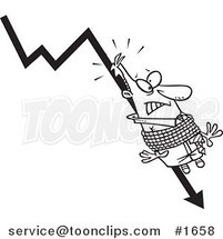 Cartoon Black and White Outline Design of a Business Man Tied to a Plumeting Arrow by Toonaday