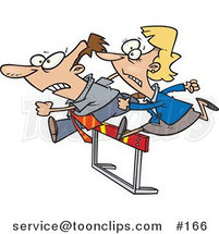 Cartoon Guy and Lady Jumping a Hurdle Obstacle During a Race by Toonaday