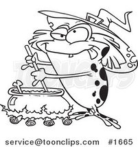 Cartoon Black and White Outline Design of a Witch Toad Mixing Brew by Toonaday