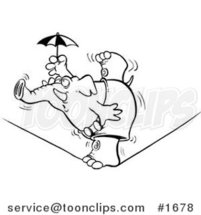Cartoon Black and White Outline Design of an Elephant Balanced on One Foot on a Tight Rope by Toonaday