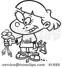 Cartoon Black and White Outline Design of a Tomboy Girl Holding a Frog by Toonaday