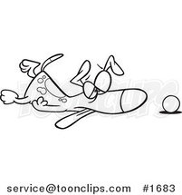Cartoon Black and White Outline Design of a Tired Dog Collapsed by His Ball by Toonaday