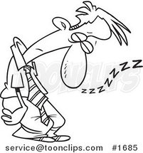 Cartoon Black and White Outline Design of a Tired Business Man Sleeping Standing up by Toonaday