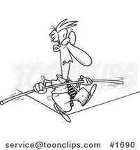 Cartoon Black and White Outline Design of a Business Man Trying to Maintain Balance on a Tight Rope by Toonaday