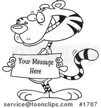 Cartoon Black and White Outline Design of a Tiger Holding a Sign with Sample Text by Toonaday