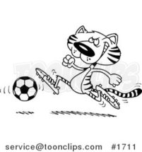 Cartoon Black and White Outline Design of a Tiger Playing Soccer by Toonaday