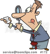 Cartoon Guy Using a Magnifying Glass to Read Fine Print on a Document by Toonaday