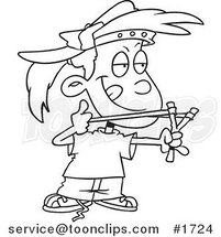 Cartoon Black and White Outline Design of a Tomboy Girl Aiming a Sling Shot by Toonaday