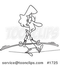 Cartoon Black and White Outline Design of a Business Woman Trying to Maintain Balance on a Tight Rope by Toonaday