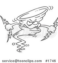 Cartoon Black and White Outline Design of a Tornado Holding Lightning Bolts by Toonaday