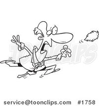 Cartoon Black and White Line Drawing of a Business Man Chasing After His Toupee by Toonaday