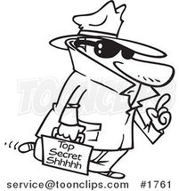 Cartoon Black and White Line Drawing of a Spy Carrying Top Secret Information by Toonaday