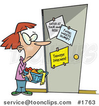 Cartoon Mother Holding Laundry Outside Her Teenager's Room by Toonaday