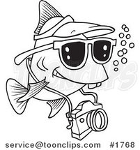 Cartoon Black and White Line Drawing of a Fish Tourist Swimming with a Camera by Toonaday