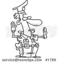 Cartoon Black and White Line Drawing of a Police Officer Controlling Traffic by Toonaday