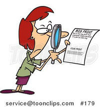 Cartoon Lady Using a Magnifying Glass to Read the Fine Print on a Document by Toonaday