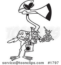 Cartoon Black and White Line Drawing of a Tourist Flamingo Carrying a Tropical Beverage by Toonaday