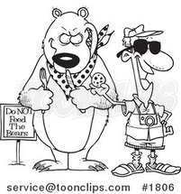 Cartoon Black and White Line Drawing of a Tourist Feeding a Cookie to a Bear for a Photo Op by Toonaday