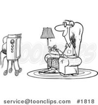 Cartoon Black and White Line Drawing of a Happy Guy Sitting in a Chair and Watching Tv by Toonaday