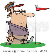Cartoon Golfer Standing by a Golf Ball on Top of a Red Flag by Toonaday