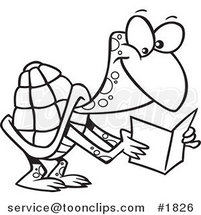 Cartoon Black and White Line Drawing of a Tortoise Reading a Greeting Card by Toonaday