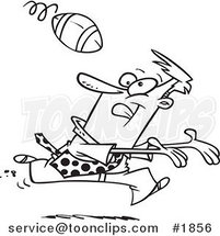 Cartoon Black and White Line Drawing of a Business Man Playing Football by Toonaday