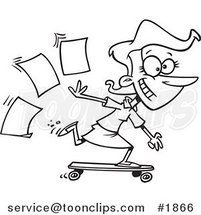 Cartoon Black and White Line Drawing of a Business Woman Skateboarding in the Office by Toonaday