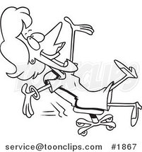 Cartoon Black and White Line Drawing of a Business Woman Rolling in Her Chair by Toonaday