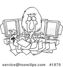 Cartoon Black and White Line Drawing of a Business Woman Buried in Tax Documents by Computers by Toonaday
