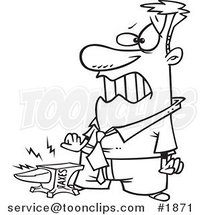 Cartoon Black and White Line Drawing of a Taxes Anvil Smashing a Business Man's Foot by Toonaday