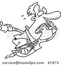 Cartoon Black and White Line Drawing of a Business Man Running and Talking on a Cell Phone by Toonaday