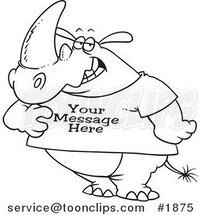 Cartoon Black and White Line Drawing of a Rhino Wearing a T Shirt with Sample Text by Toonaday