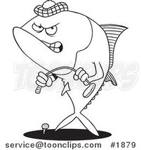 Cartoon Black and White Line Drawing of a Mad Tuna Fish Playing Golf by Toonaday